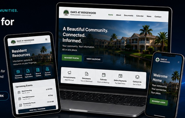 Example community website displayed across laptop, tablet, and phone
